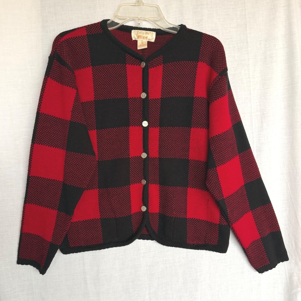 Vintage 90s Tally-Ho Cardigan Red Black Buffalo Plaid Festive Holiday Small